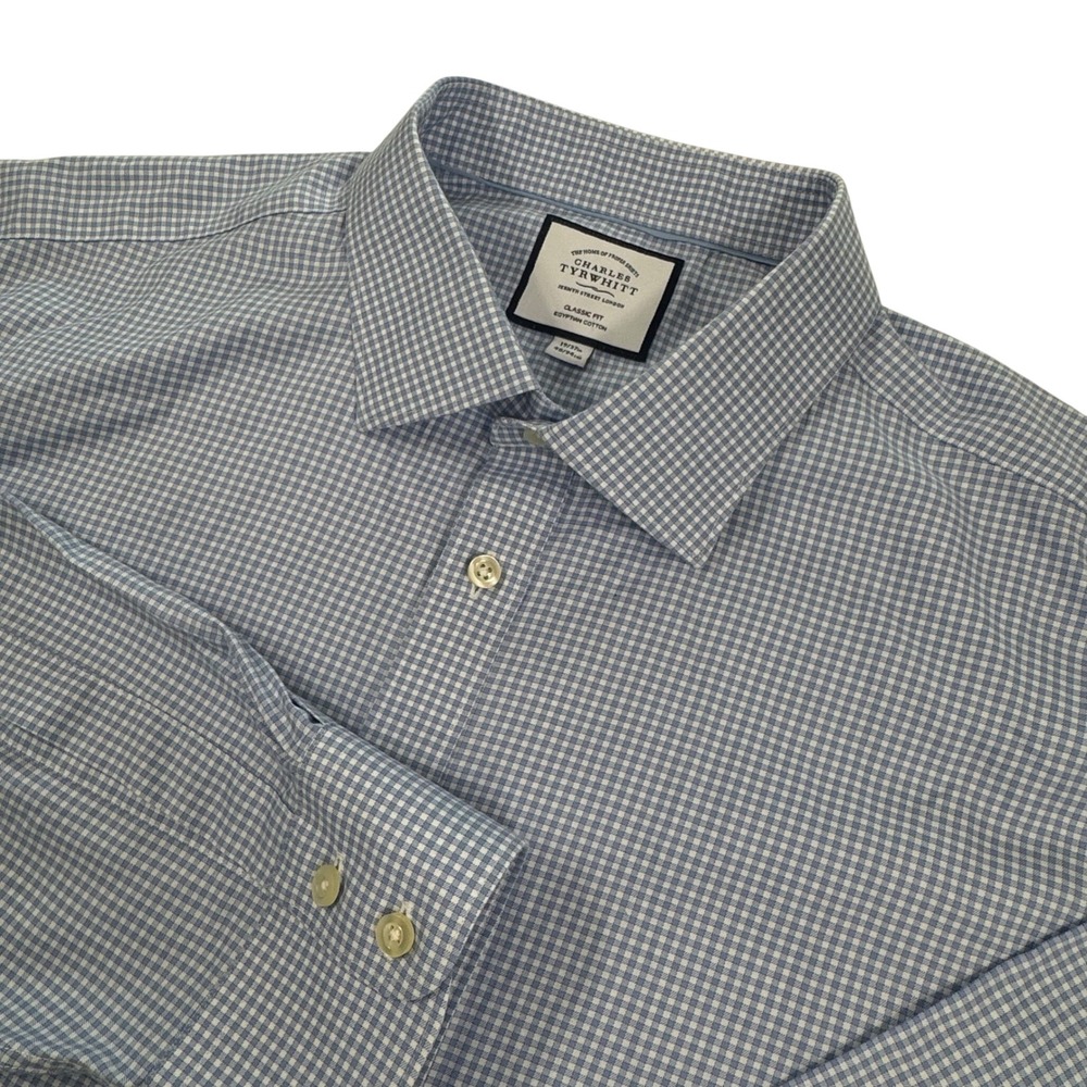Charles Tyrwhitt Dress Shirt Mens 19/37 Blue Gingham Classic Fit Egyptian Cotton